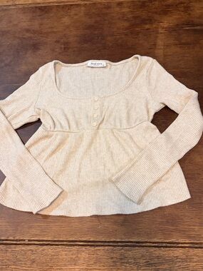 Cream Ribbed Long-Sleeve Scoop Neck Top